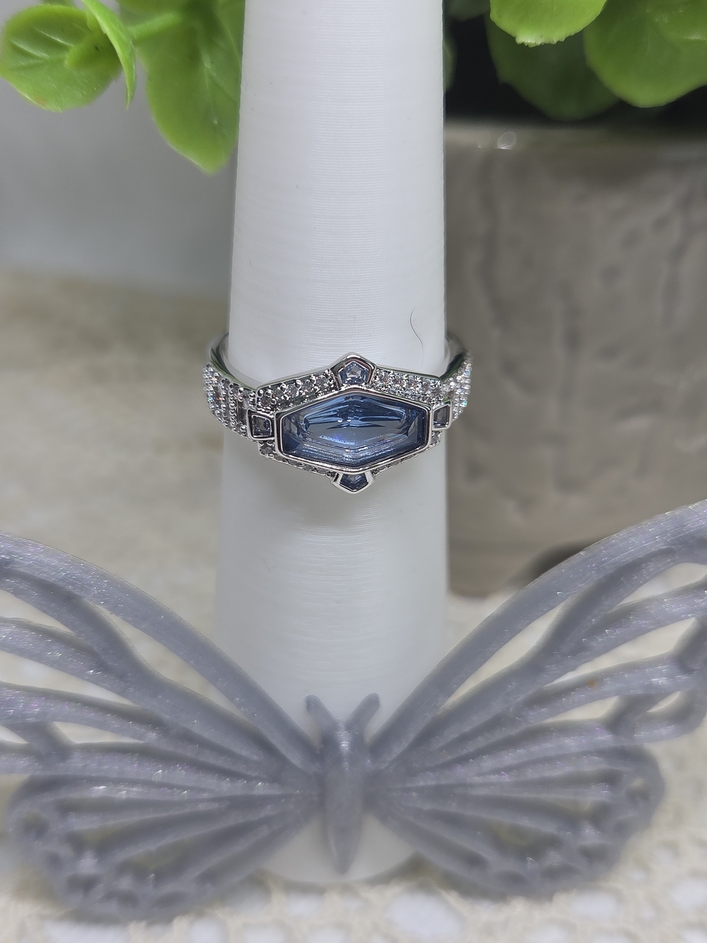 BP Blue Zircon Spinel Marquise Crystal Ring On Rhodium Plating